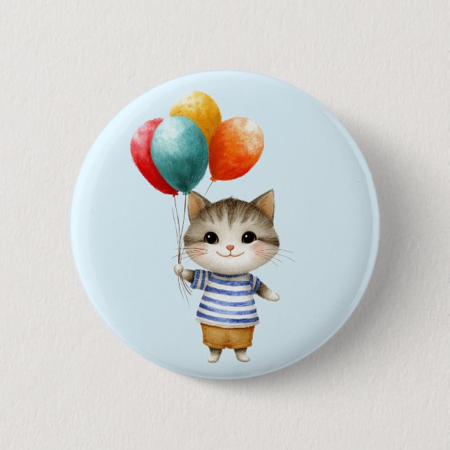 Kitten with Birthday Balloons | Cute Party Celebra Button (Front)