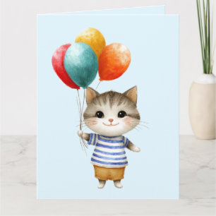 Kitten with Birthday Balloons   Cute Party Celebra Card