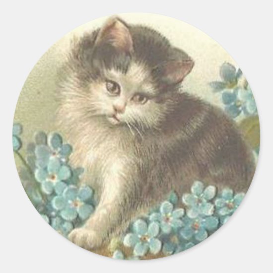 Kitten With Blue Flowers Classic Round Sticker