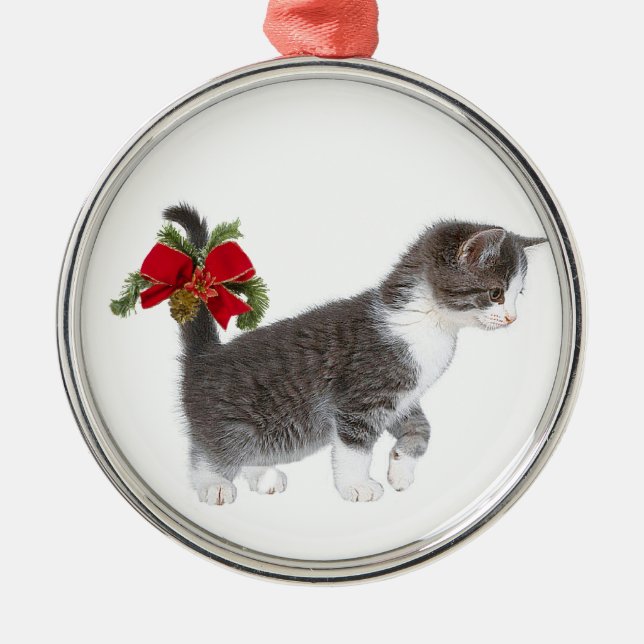 Kitten with Christmas bow Metal Ornament (Front)