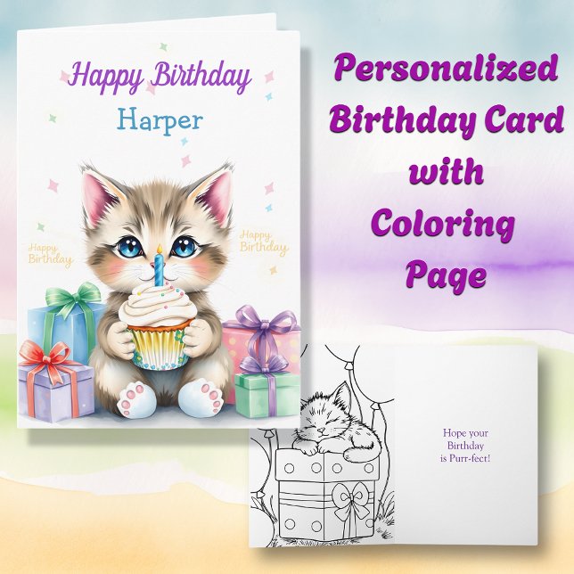 Kitten with Cupcake Coloring Page Birthday Card (Creator Uploaded)