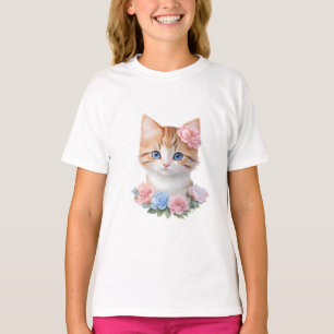 Kitten with Flowers Whimsical Feline T-Shirt