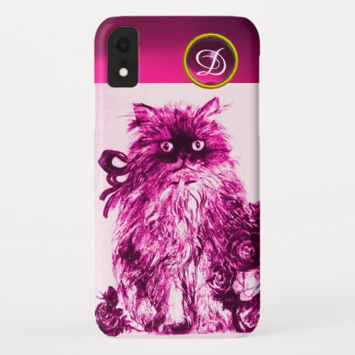 KITTEN WITH FUCHSIA PINK ROSES Gemstone Monogram iPhone XR Case