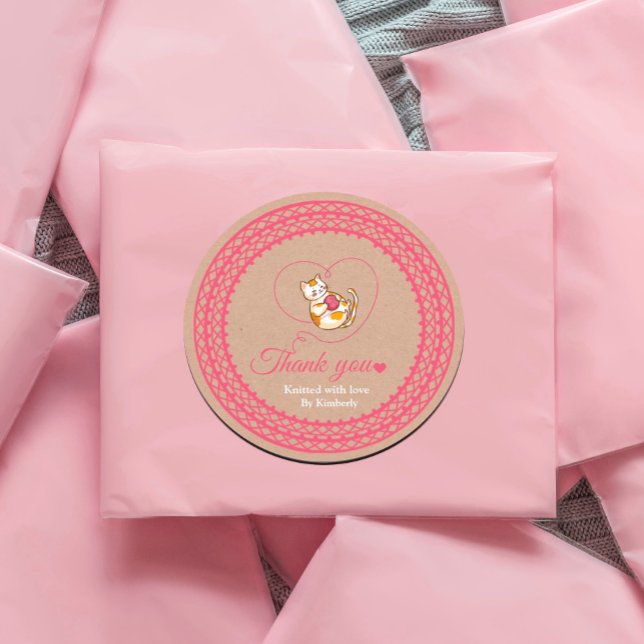 Kitten With Heart Crochet Thank You Sticker (#zazzlemade #catcrochet #crochet #knitten Ecraftpapersticker #kraftpapersticker #label)