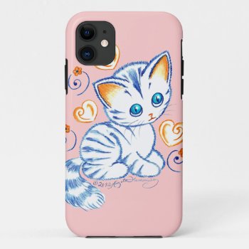 Kitten With Hearts & Swirls Iphone 11 Case by ArtsyKidsy at Zazzle