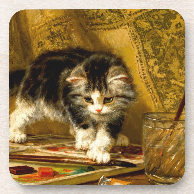 Kitten with Paint and Brushes Beverage Coaster (Front)
