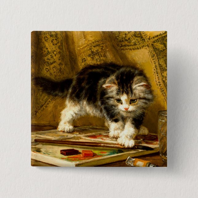 Kitten with Paint and Brushes Button (Front)