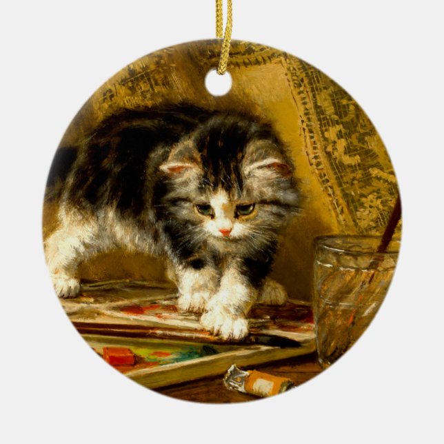 Kitten with Paint and Brushes Ceramic Ornament (Front)