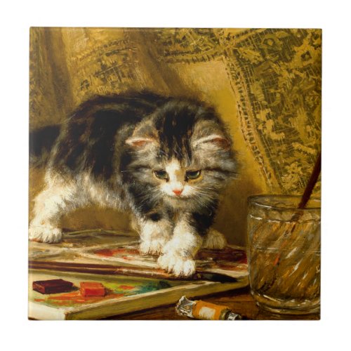 Kitten with Paint and Brushes Ceramic Tile