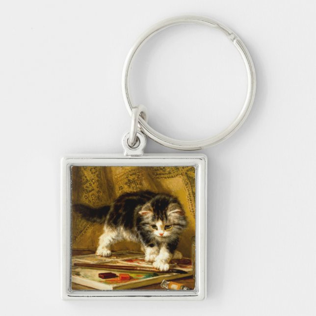 Kitten with Paint and Brushes Keychain (Front)