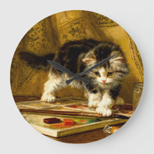 Kitten with Paint and Brushes Large Clock