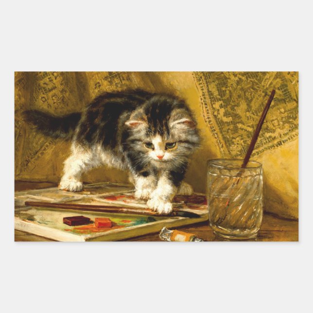 Kitten with Paint and Brushes Rectangular Sticker (Front)