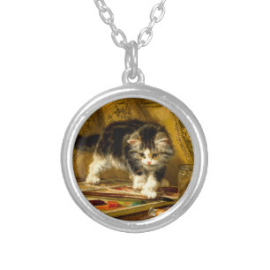 Kitten with Paint and Brushes Silver Plated Necklace