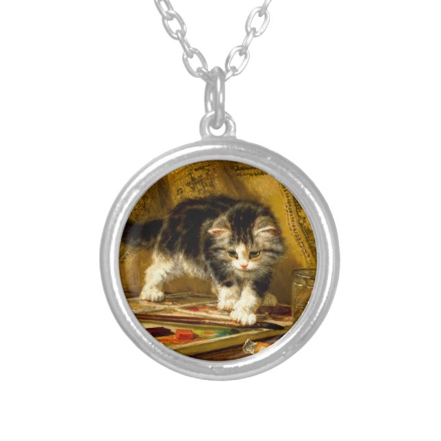 Kitten with Paint and Brushes Silver Plated Necklace (Front)