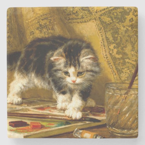 Kitten with Paint and Brushes Stone Coaster