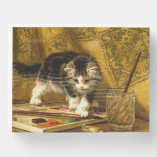 Kitten with Paint and Brushes Wooden Box Sign