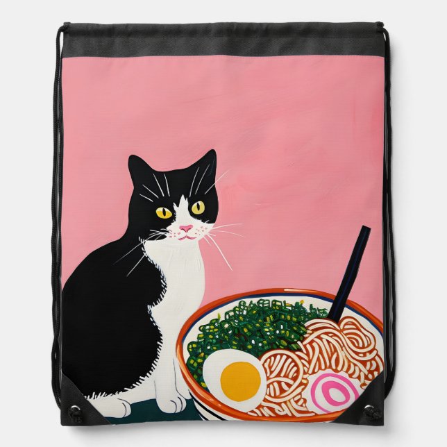 Kitten with Ramen Bowl 🍜 Drawstring Bag (Front)