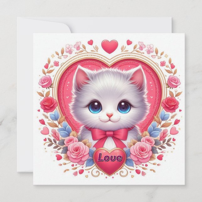 Kitten with Red Bow with Romantic Floral Hearts   Invitation (Front)