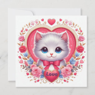 Kitten with Red Bow with Romantic Floral Hearts Invitation