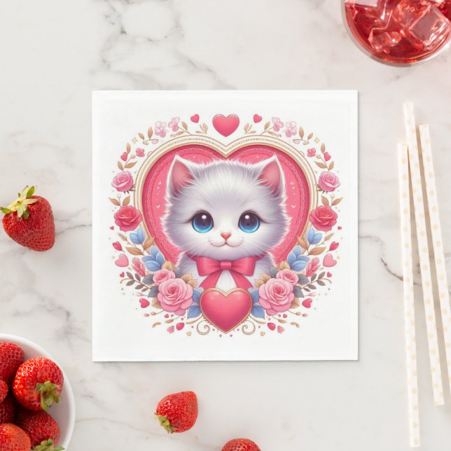 Kitten with Red Bow with Romantic Floral Hearts Napkins (Insitu)