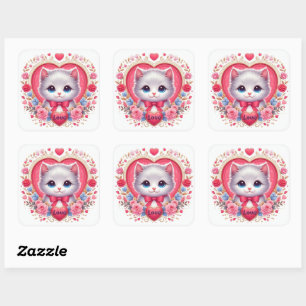 Kitten with Red Bow with Romantic Floral Hearts Square Sticker