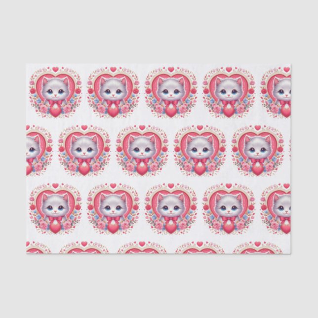 Kitten with Red Bow with Romantic Floral Hearts Tissue Paper (Front)