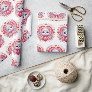 Kitten with Red Bow with Romantic Floral Hearts  Wrapping Paper