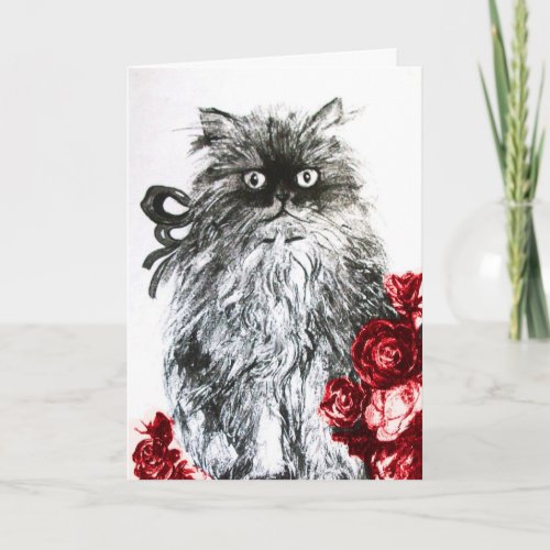 KITTEN WITH RED ROSES Black and White Card