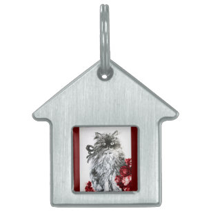 KITTEN WITH RED ROSES ,Black and White Pet Name Tag