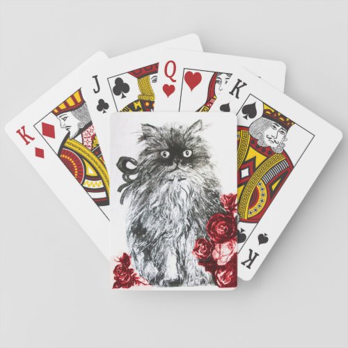 KITTEN WITH RED ROSES Black and White Playing Cards