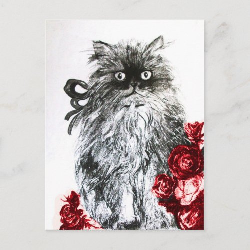 KITTEN WITH RED ROSES  Black and White Postcard