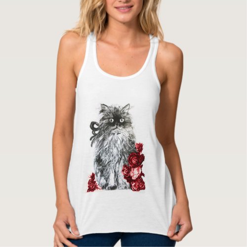 KITTEN WITH RED ROSES Black and White Tank Top