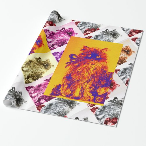 KITTEN WITH RED ROSESOrange YellowBlue Wrapping Paper