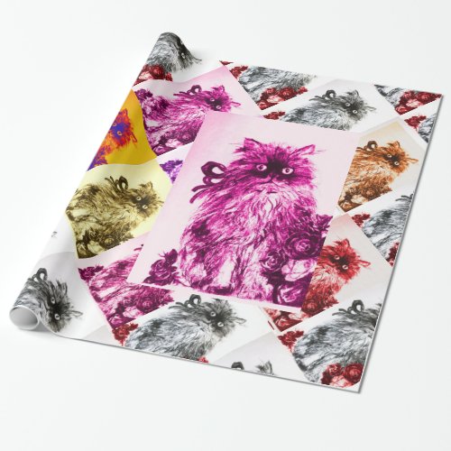 KITTEN WITH RED ROSESPinkFuchsia Wrapping Paper