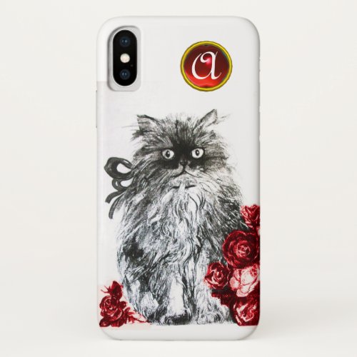 KITTEN WITH RED ROSES RUBY GEM MONOGRAMwhite iPhone X Case