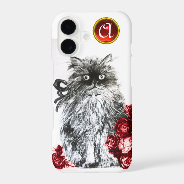 KITTEN WITH RED ROSES RUBY GEM MONOGRAM,white Iphone Case (Back)