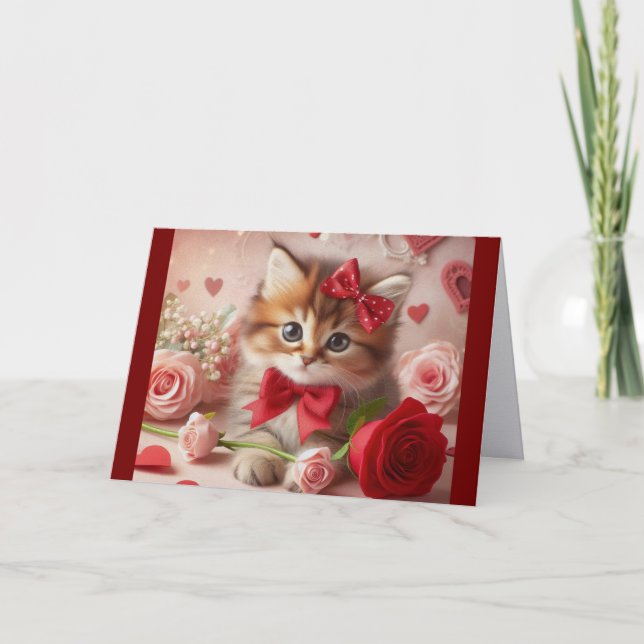 Kitten With Roses And Hearts Holiday Card (Front)