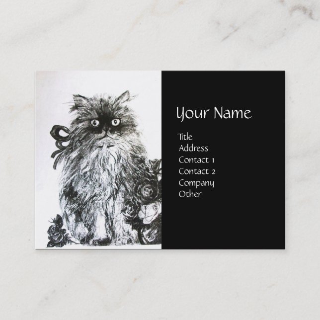 KITTEN WITH ROSES ,Black and White Business Card (Front)