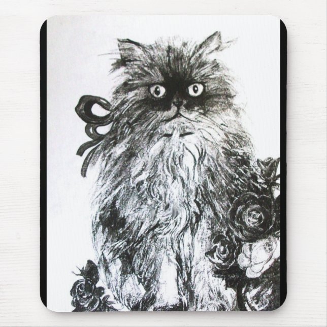 KITTEN WITH ROSES ,Black and White Mouse Pad (Front)
