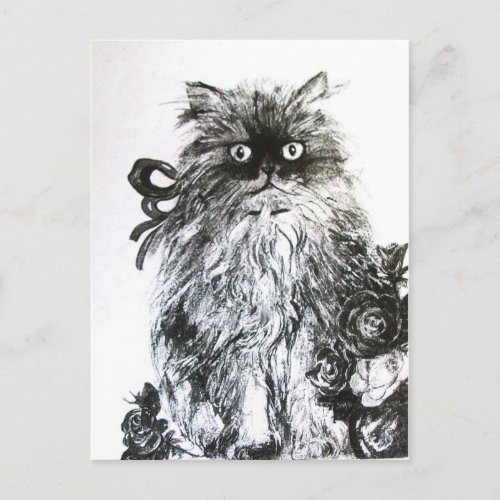 KITTEN WITH ROSES  Black and White Postcard