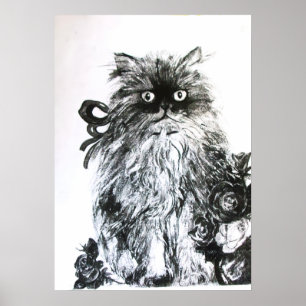 KITTEN WITH ROSES ,Black and White Poster