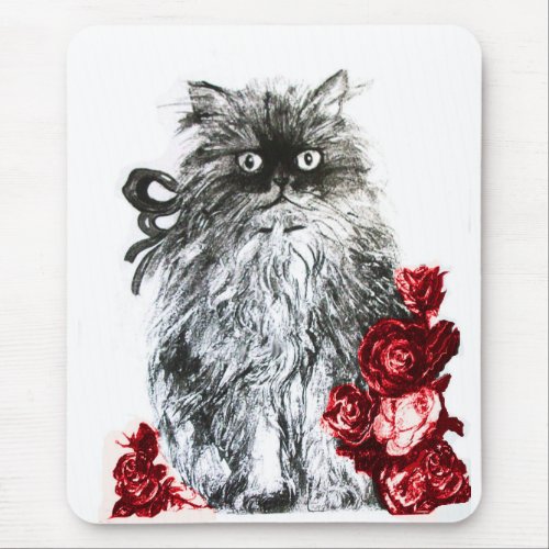 KITTEN WITH ROSES Black and White Red Mouse Pad