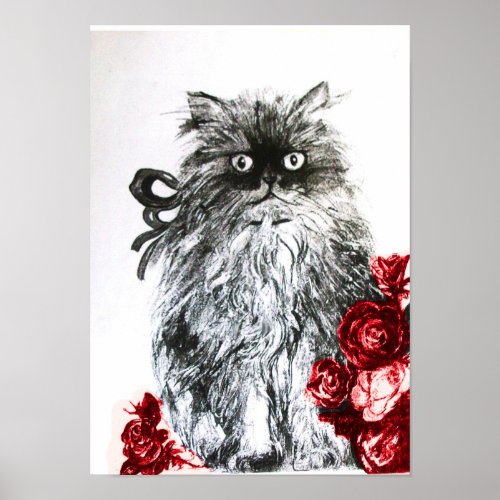 KITTEN WITH ROSES Black Red and White Poster