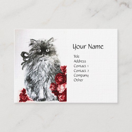 KITTEN WITH ROSES Black Red White Linen Paper Business Card