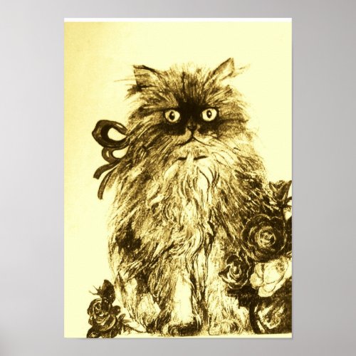 KITTEN WITH ROSES Brown Yellow and White Poster