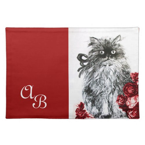 KITTEN WITH ROSES MONOGRAM Black and White Red Cloth Placemat