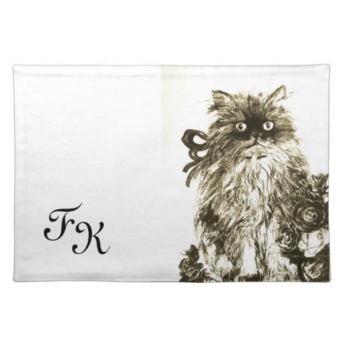 KITTEN WITH ROSES MONOGRAM Brown White  Cloth Placemat