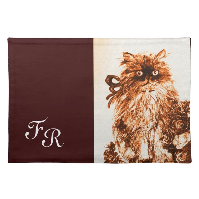 KITTEN WITH ROSES ,MONOGRAM ,Brown White , Placemat (Front)