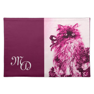 KITTEN WITH ROSES ,MONOGRAM ,Pink ,white purple Placemat