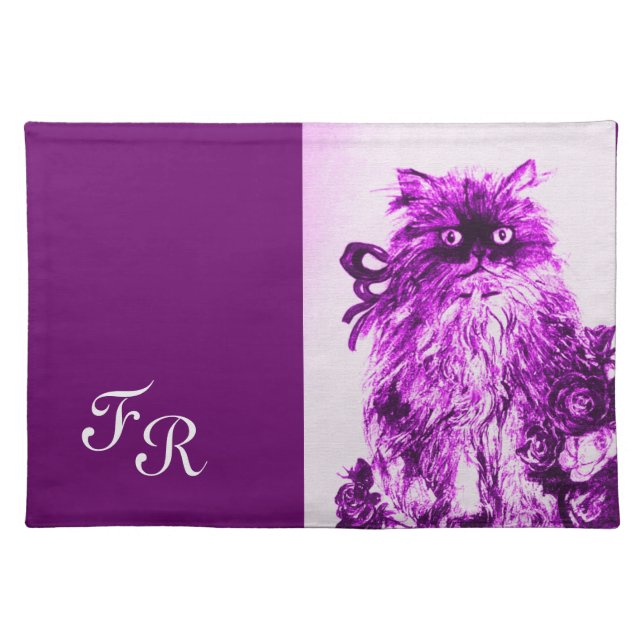 KITTEN WITH ROSES ,MONOGRAM ,Purple White ,violet Placemat (Front)